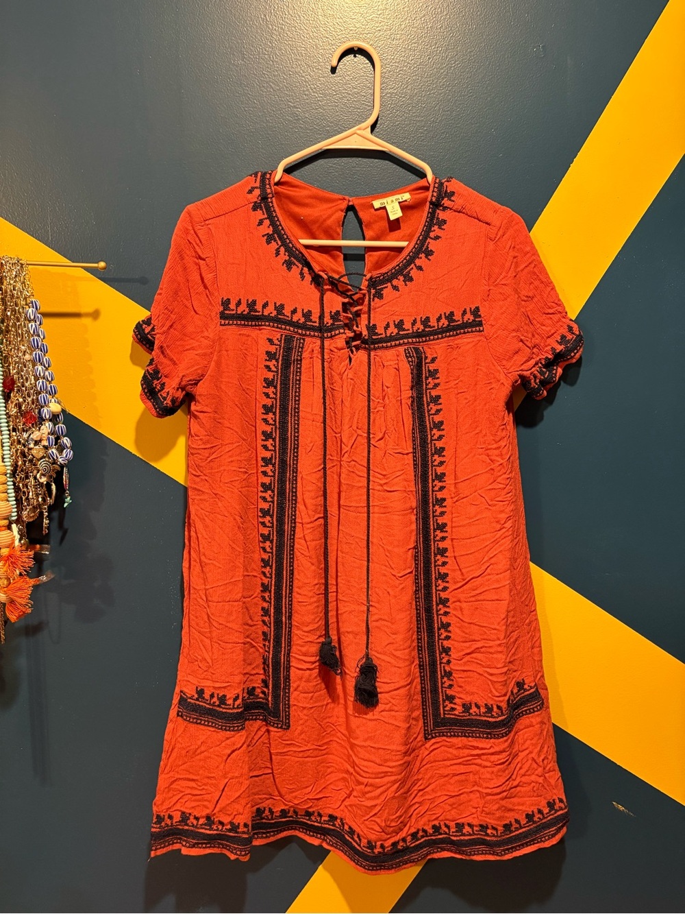 Mi Ami Orange & Navy Embroidered Boho Mini Dress EUC